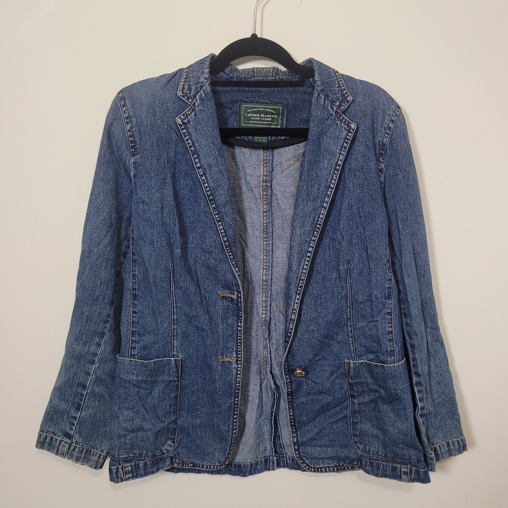 Lauren Jeans Co. Size M Denim Blazer Womens Medium Wash Gold Button Jacket